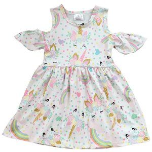 Little Girl Kid Toddler Cold Shoulder Unicorn Rainbow Polka Dot Party Girl Dress